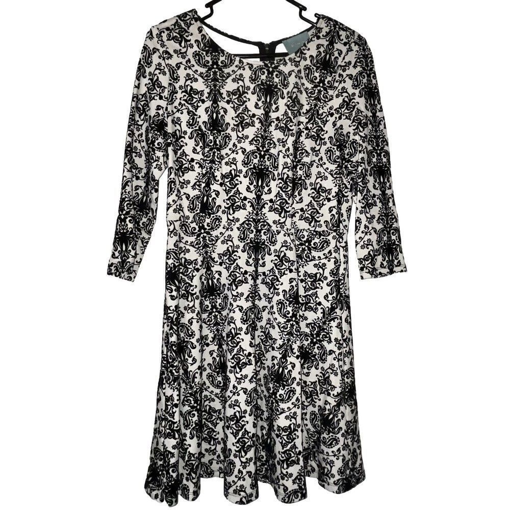 Anthropologie Skies‎ Are Blue Flocked Damask Black & Cream Dress Sz Small Formal